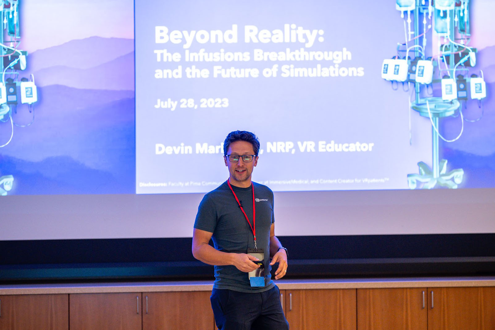 Devin Marble of ImmersiveMedical speaks at the SimGHOSTS USA 2023 conference&comma; held on the UNMC campus in Omaha earlier this month&period;
