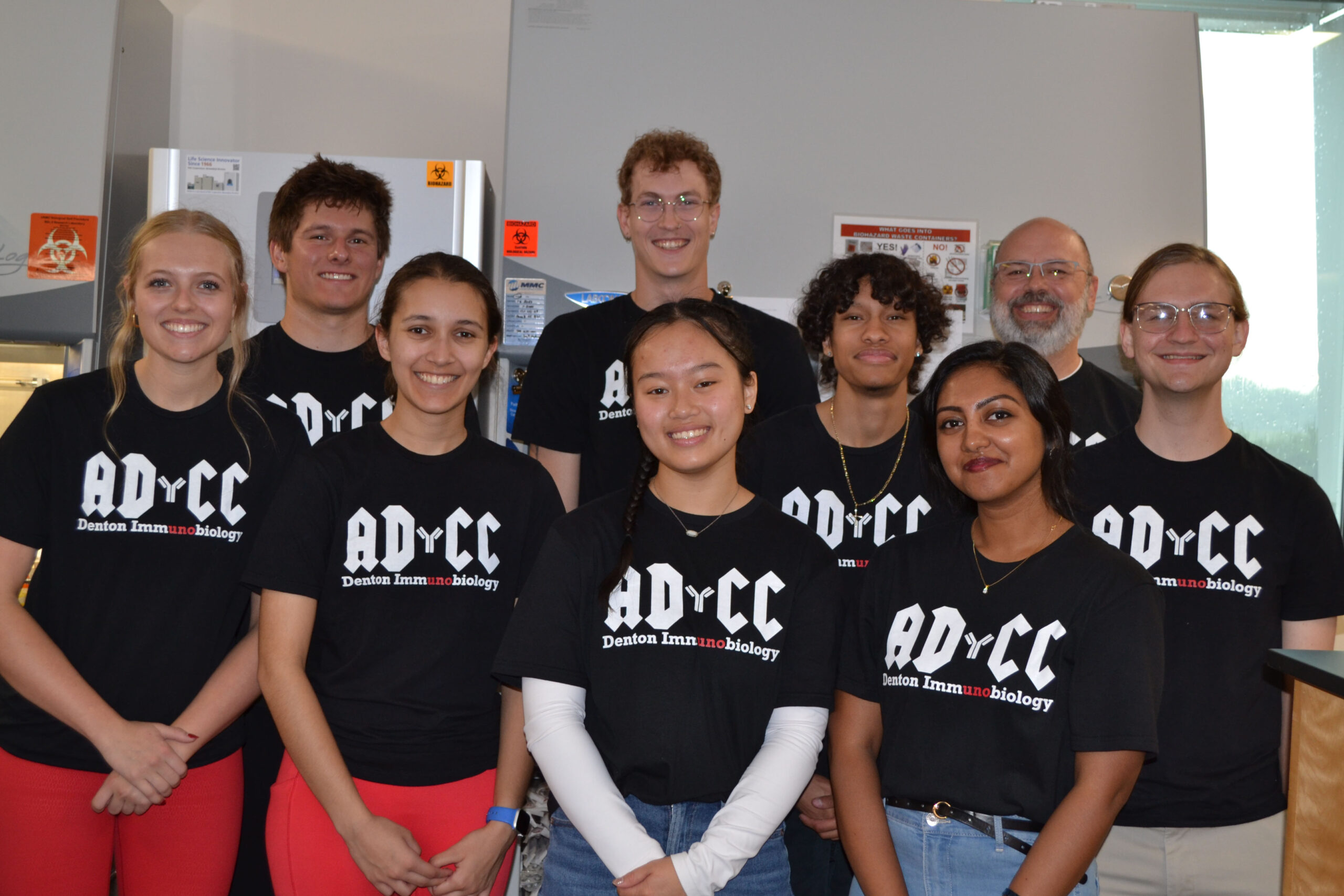 Members of the Denton Lab include&colon; &lpar;back row&rpar; Nathan Booher&comma; Donald &lpar;DJ&rpar; Rogers&comma; Victor Rivero&comma; Paul W&period; Denton and Jaden Nienhueser&period; Front row&colon; Cami Bisson&comma; Isabelle Weber&comma; Angela Truong and Diya Joy Varughese&period;