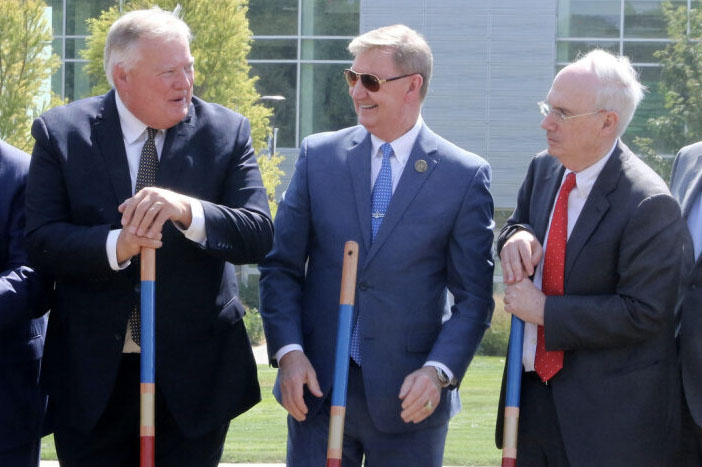 From left&comma; University of Nebraska at Kearney Chancellor Doug Kristensen&comma; JD&comma; University of Nebraska System President Ted Carter&comma; and UNMC Chancellor Jeffrey P&period; Gold&comma; MD&comma; at the groundbreaking&period;