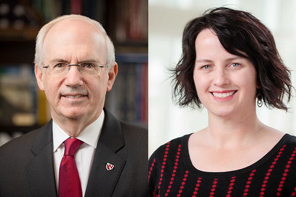 UNMC Chancellor Jeffrey P&period; Gold&comma; MD&comma; and Emily Glenn&comma; dean of the McGoogan Health Sciences Library