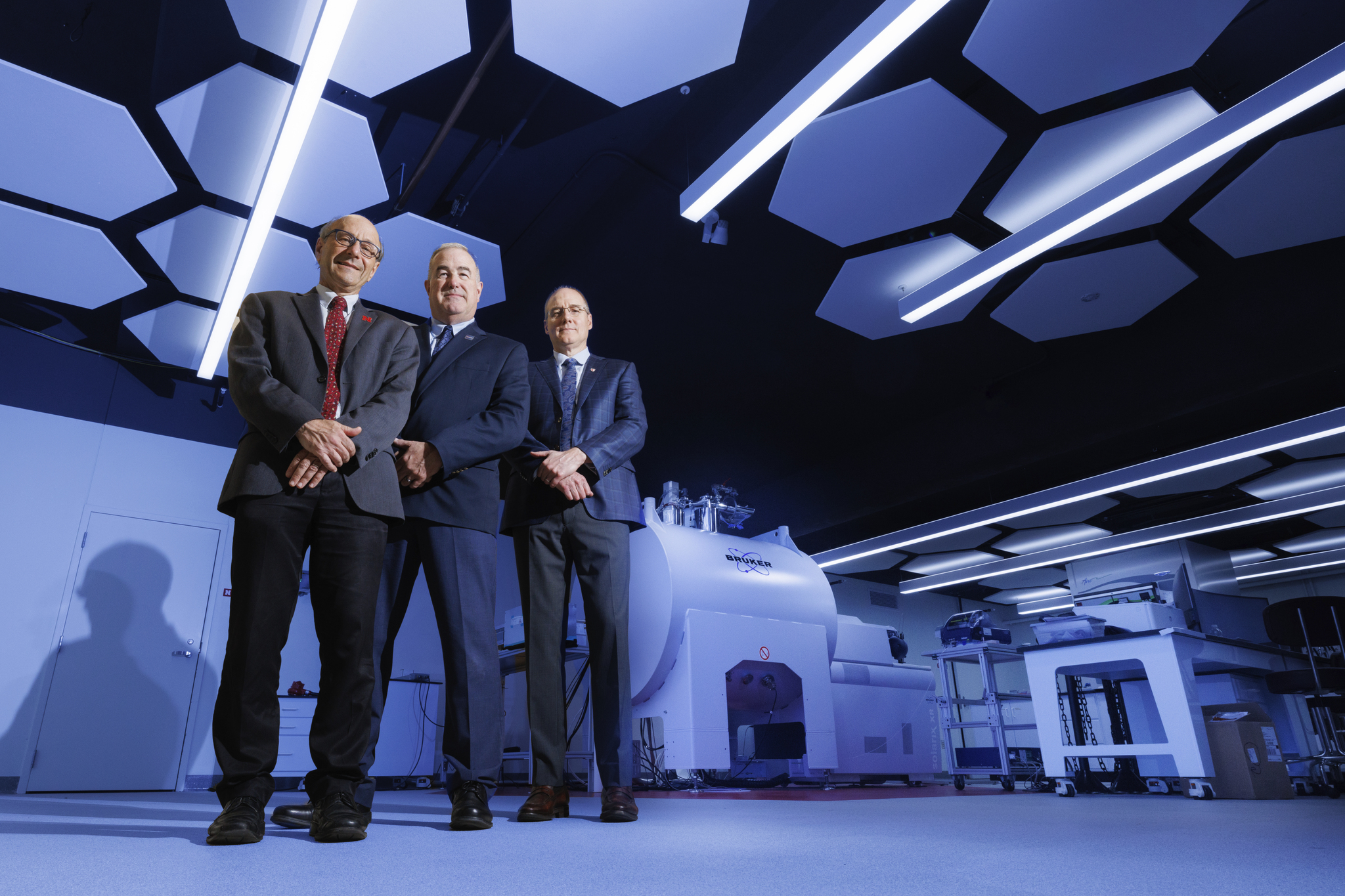 From left&comma; David Berkowitz&comma; PhD&comma; co-principal investigator and Willa Cather Professor of chemistry at the University of Nebraska-Lincoln&comma; Maj&period; Gen&period; USAF &lpar;Ret&period;&rpar; Rick Evans&comma; National Strategic Research Institute executive director&comma; and Ken Bayles&comma; PhD&comma; co-principal investigator and UNMC vice chancellor for research