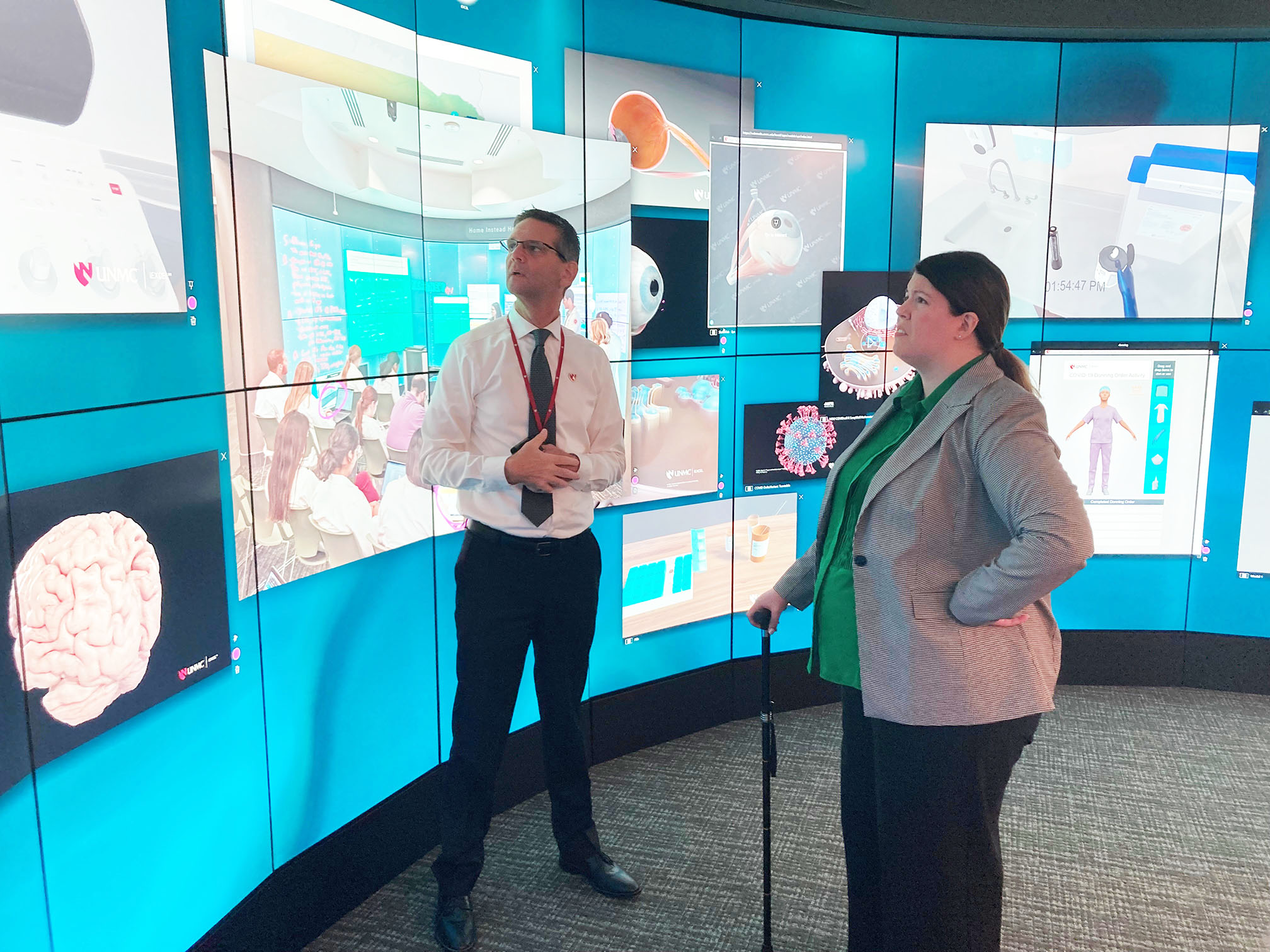Ben Stobbe&comma; assistant vice chancellor of clinical simulation for iEXCEL&comma; led a tour of the Davis Global Center with Melanie Lazarus&comma; EdD&comma; dean of the U&period;S&period; Air Force School of Aerospace Medicine&period;
