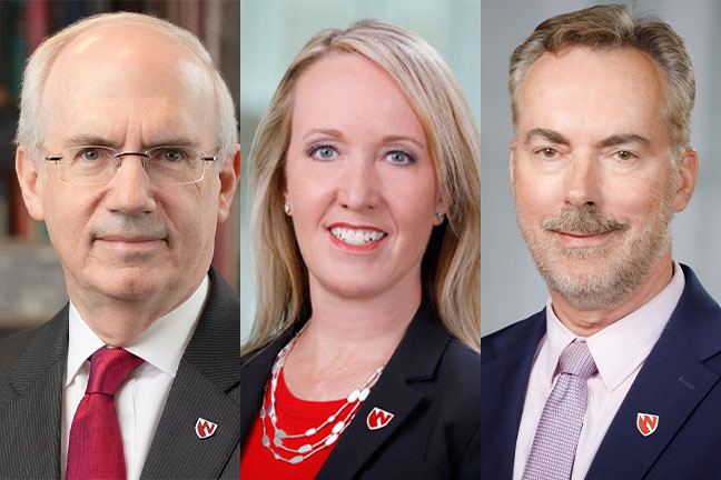 UNMC Chancellor Jeffrey P&period; Gold&comma; MD&comma; Anne Barnes&comma; vice chancellor for business&comma; finance and business development&comma; and Gerry Kugel&comma; DMD&comma; PhD&comma; dean of the UNMC College of Dentistry