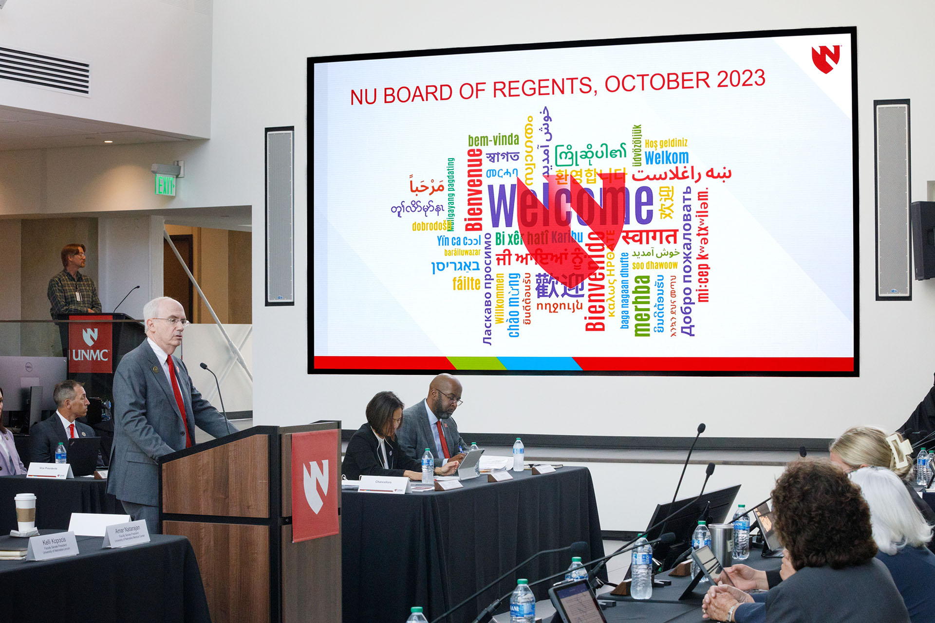 UNMC Chancellor Jeffrey P&period; Gold&comma; MD&comma; addresses the regents at UNMC Thursday&period;