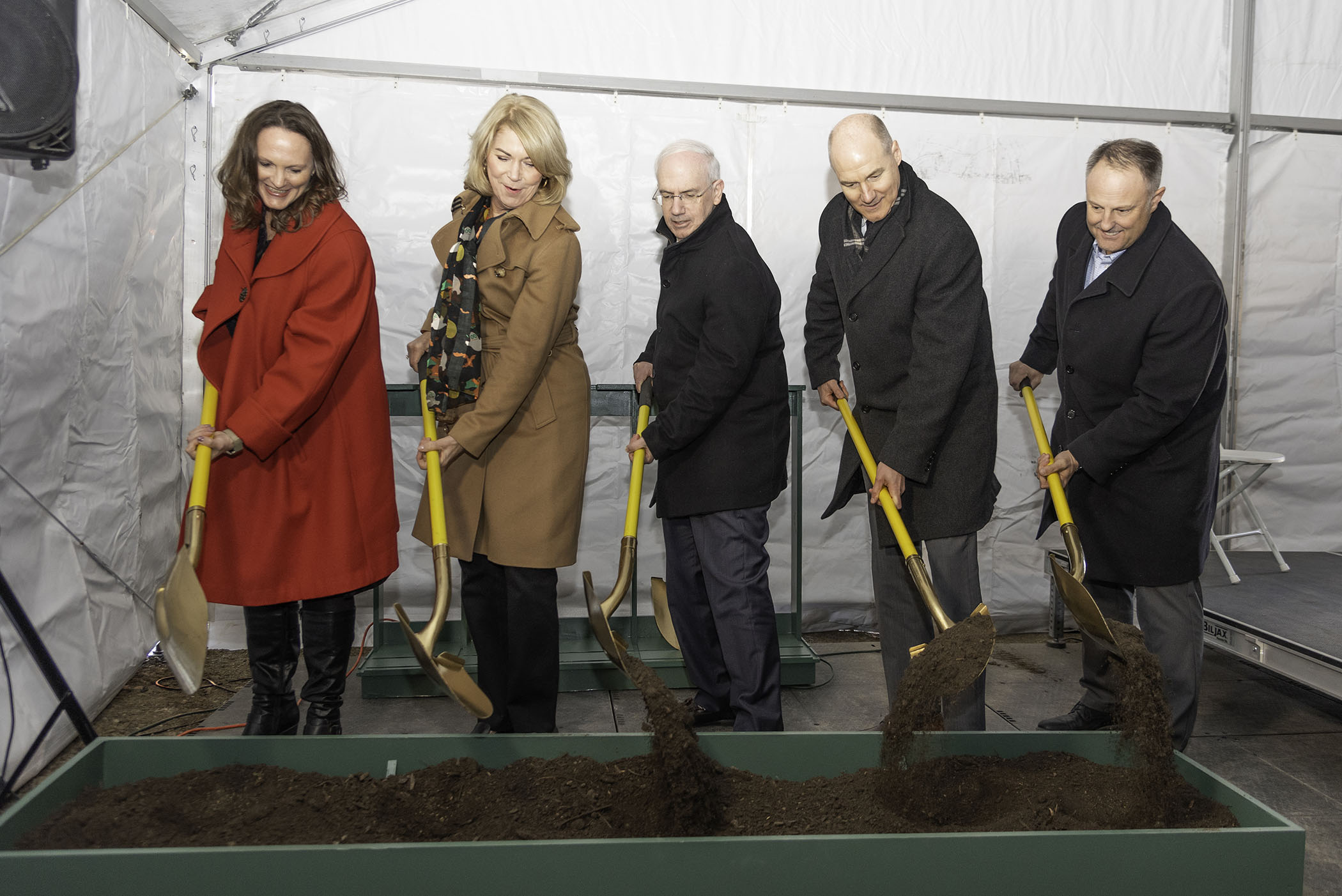 From left&comma; Rebekah Gundry&comma; PhD&comma; director&comma; UNMC Center for Heart and Vascular Research&semi; Omaha Mayor Jean Stothert&semi; UNMC Chancellor Jeffrey P&period; Gold&comma; MD&semi; Ken Bayles&comma; PhD&comma; vice chancellor for research at UNMC&semi; and Michael Dixon&comma; PhD&comma; president and CEO of UNeMed Corporation&comma; break ground on the CORE &lpar;Campus Operations and Research Excellence&rpar; Building&comma; which will serve as a cornerstone of UNMC’s new Saddle Creek Campus at the corner of Saddle Creek Road and Farnam Street&period;