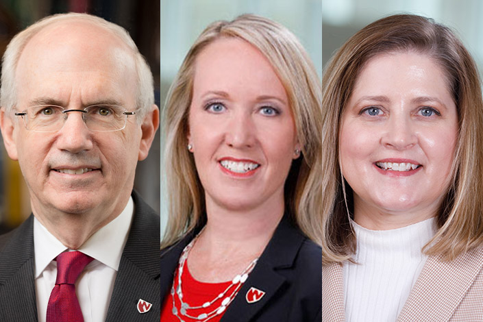 UNMC Chancellor Jeffrey P&period; Gold&comma; MD&comma; Anne Barnes&comma; UNMC’s vice chancellor for business&comma; finance and business development&comma; and Jane Meza&comma; PhD&comma; associate vice chancellor for academic affairs and associate vice chancellor for global affairs and strategic planning