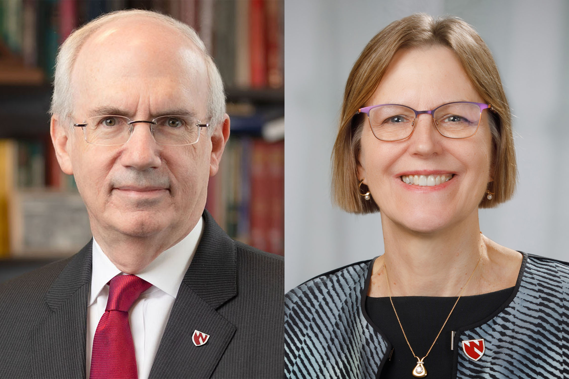 Chancellor Jeffrey P&period; Gold&comma; MD&comma; and Joann Sweasy&comma; PhD&comma; director of the Eppley Institute for Research in Cancer and Allied Diseases and the Fred & Pamela Buffett Cancer Center