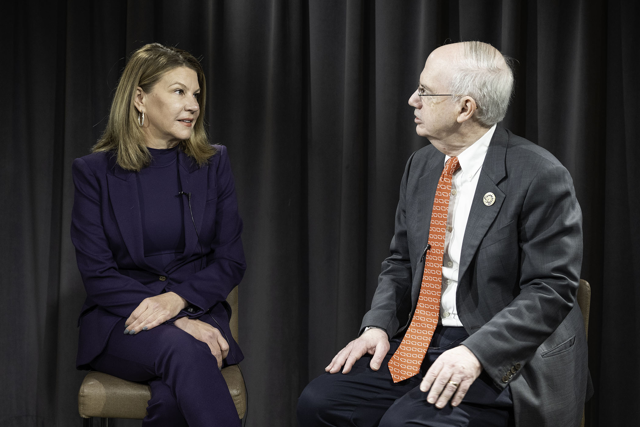 Michele Balas&comma; PhD&comma; UNMC’s 18th Scientist Laureate&comma; and UNMC Chancellor Jeffrey P&period; Gold&comma; MD&comma; talk during the latest latest &OpenCurlyDoubleQuote;Health Care Heart to Heart” podcast&period;