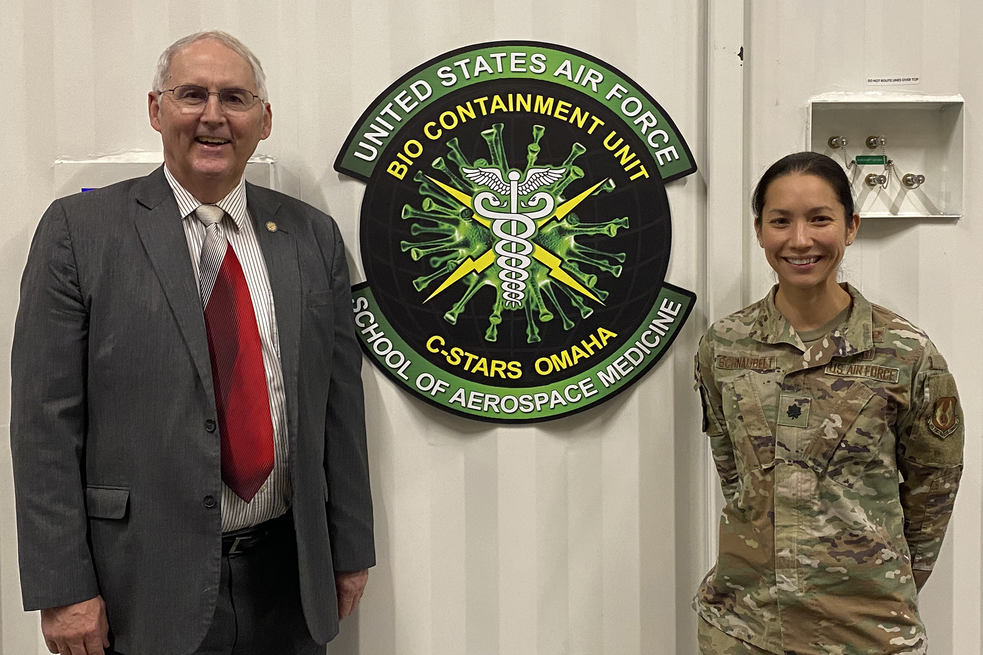 From left&comma; State Senator Robert Clements and Lt&period; Col&period; Elizabeth Schnaubelt&comma; MD&comma; medical director for the U&period;S&period; Air Force Center for Sustainment of Trauma Readiness Skills &lpar;C-STARS&rpar; Omaha