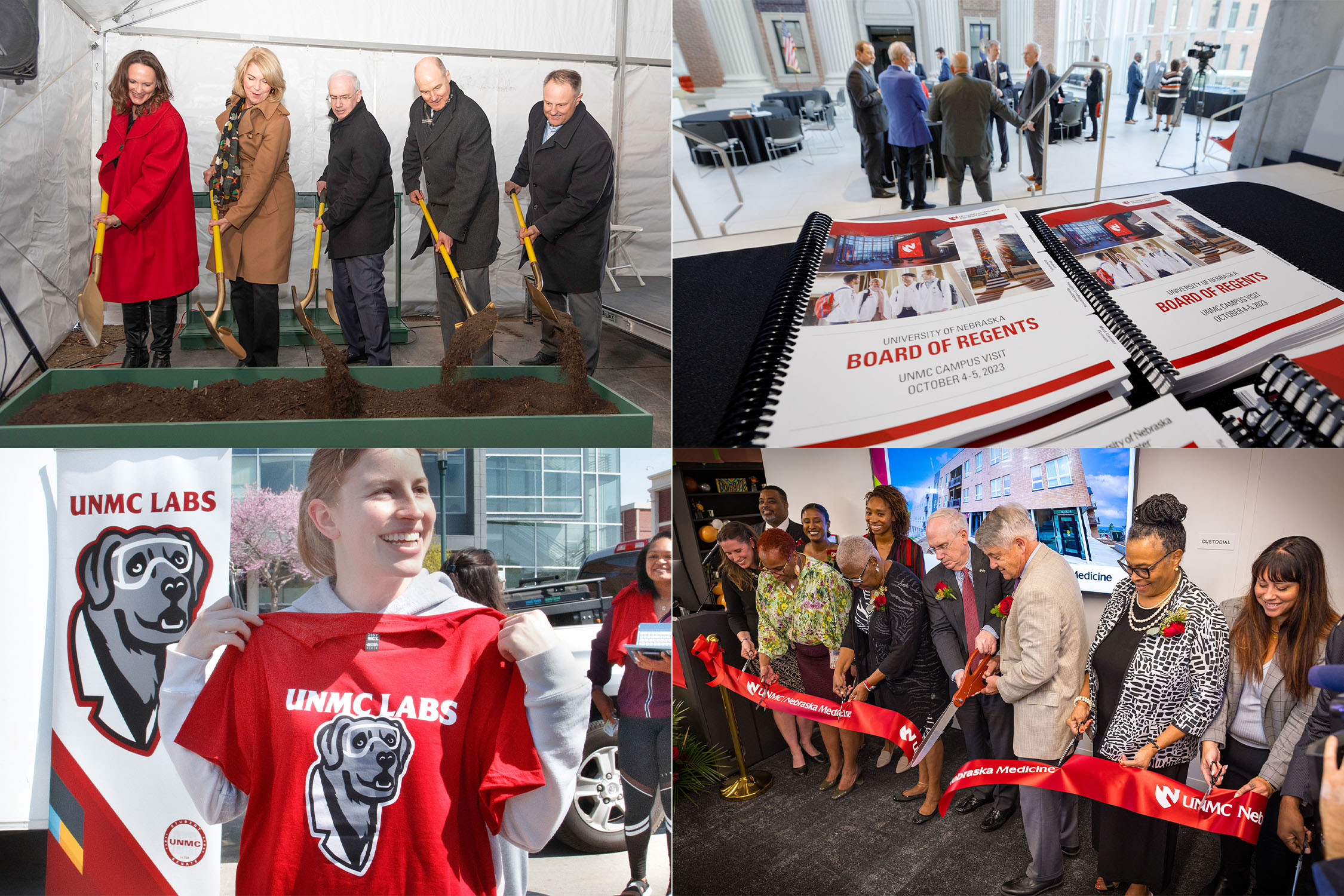 Clockwise from top left&comma; UNMC Chancellor Jeffrey P&period; Gold&comma; MD&comma; and Mayor Jean Stothert led the groundbreaking for the CORE Building&comma; UNMC welcomed the NU Board of Regents to campus in October&comma; med center leadership cut the ribbon on the Community Wellness Collaborative in the Highlander neighborhood&comma; and UNMC students chose the Labs as UNMC&apos;s official mascot&period;