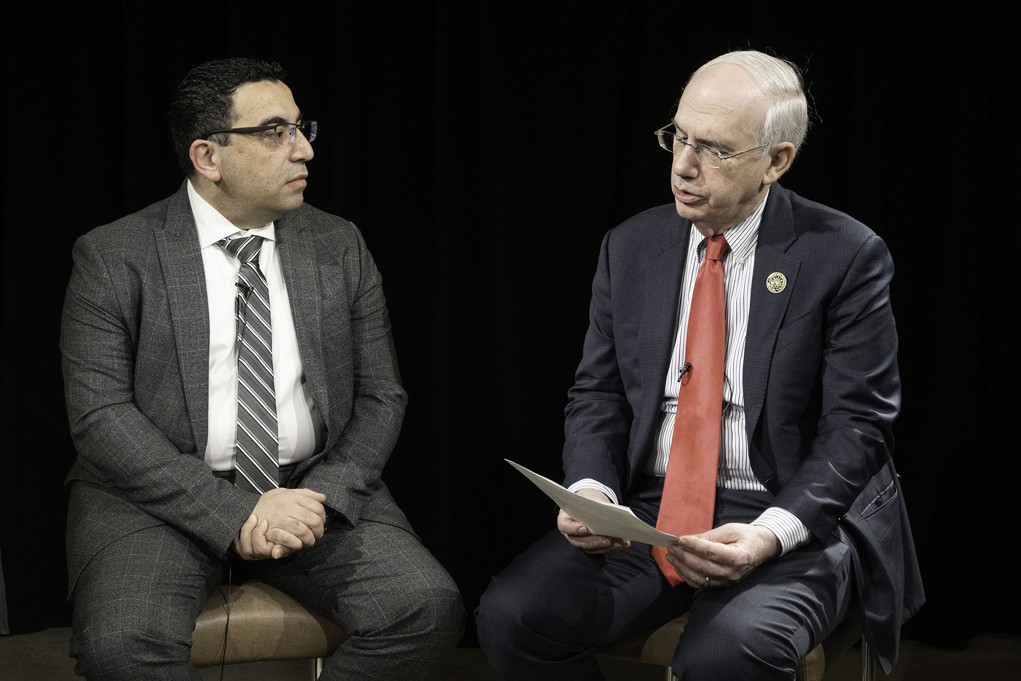 Joseph Khoury&comma; MD&comma; the Stokes-Shackleford Professor and Chair of the UNMC Department of Pathology&comma; Microbiology and Immunology&comma; with UNMC Chancellor Jeffrey P&period; Gold&comma; MD