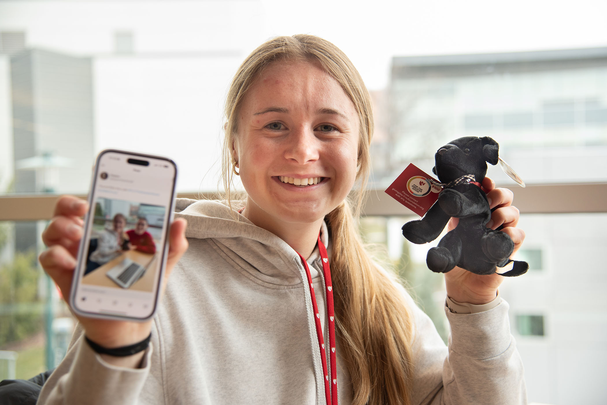 Student Peyton Hainline&comma; from the UNMC College of Allied Health Professions&comma; found one of 10 plush Ellie labs hidden across UNMC&apos;s Omaha campus&comma; offering a gift value she could donate to her preferred cause&comma; and posted her find online&period;