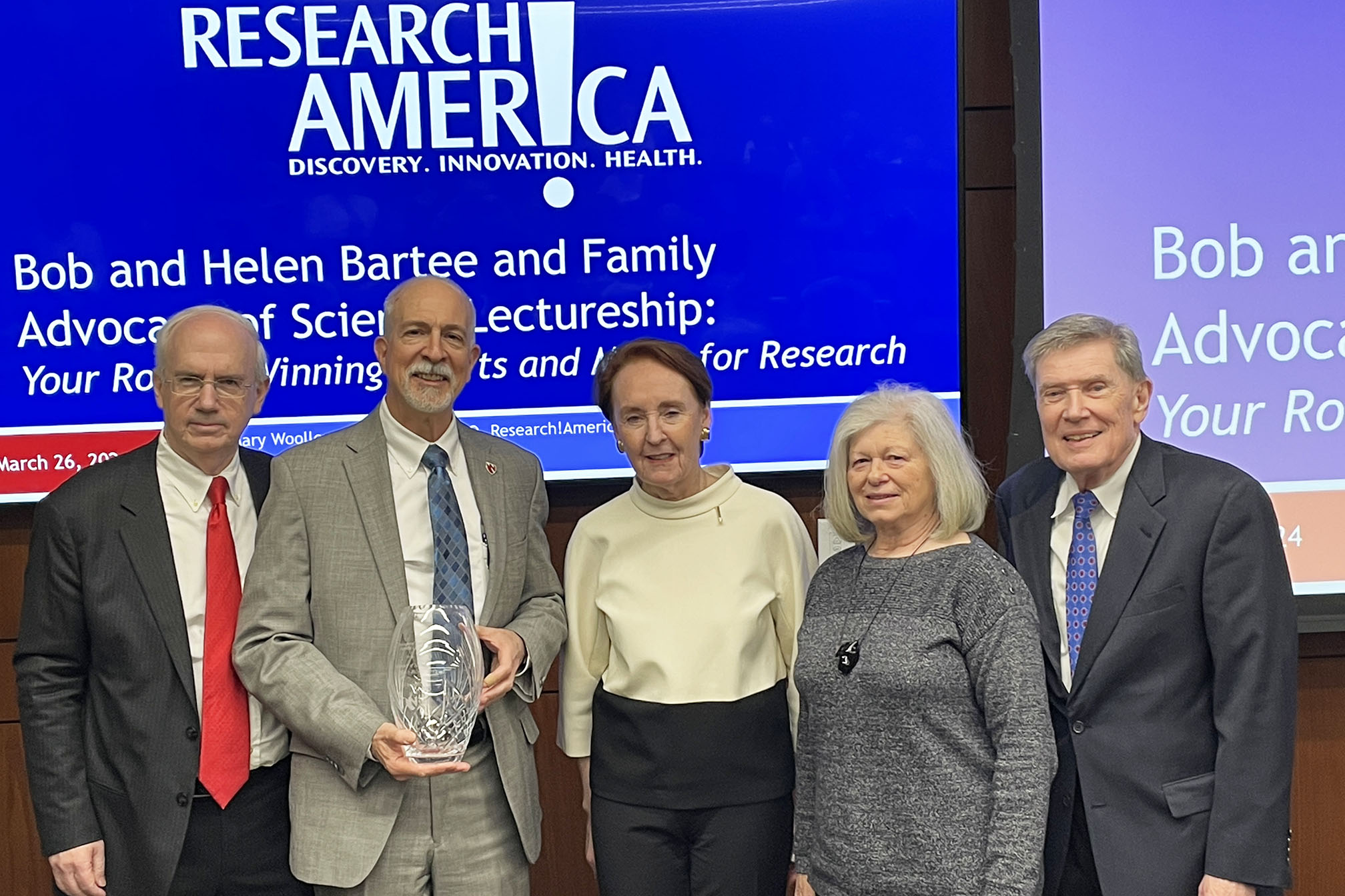 From left&comma; UNMC Chancellor Jeffrey P&period; Gold&comma; MD&comma; Mark Rupp&comma; MD&comma; with the Bartee Advocacy of Science Award&comma; Mary Woolley&comma; president and CEO of Research&excl;America&comma; and Helen and Bob Bartee