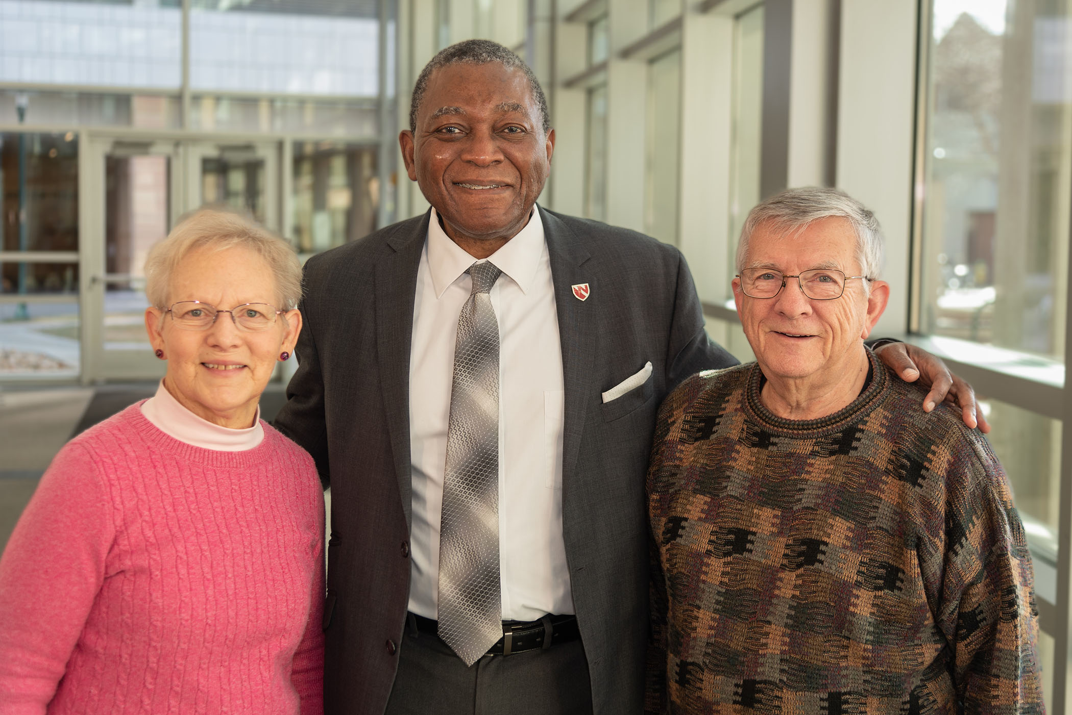 David Crouse&comma; PhD&comma; and wife Sara with Dele Davies&comma; MD&comma; senior vice chancellor for academic affairs and dean of graduate studies