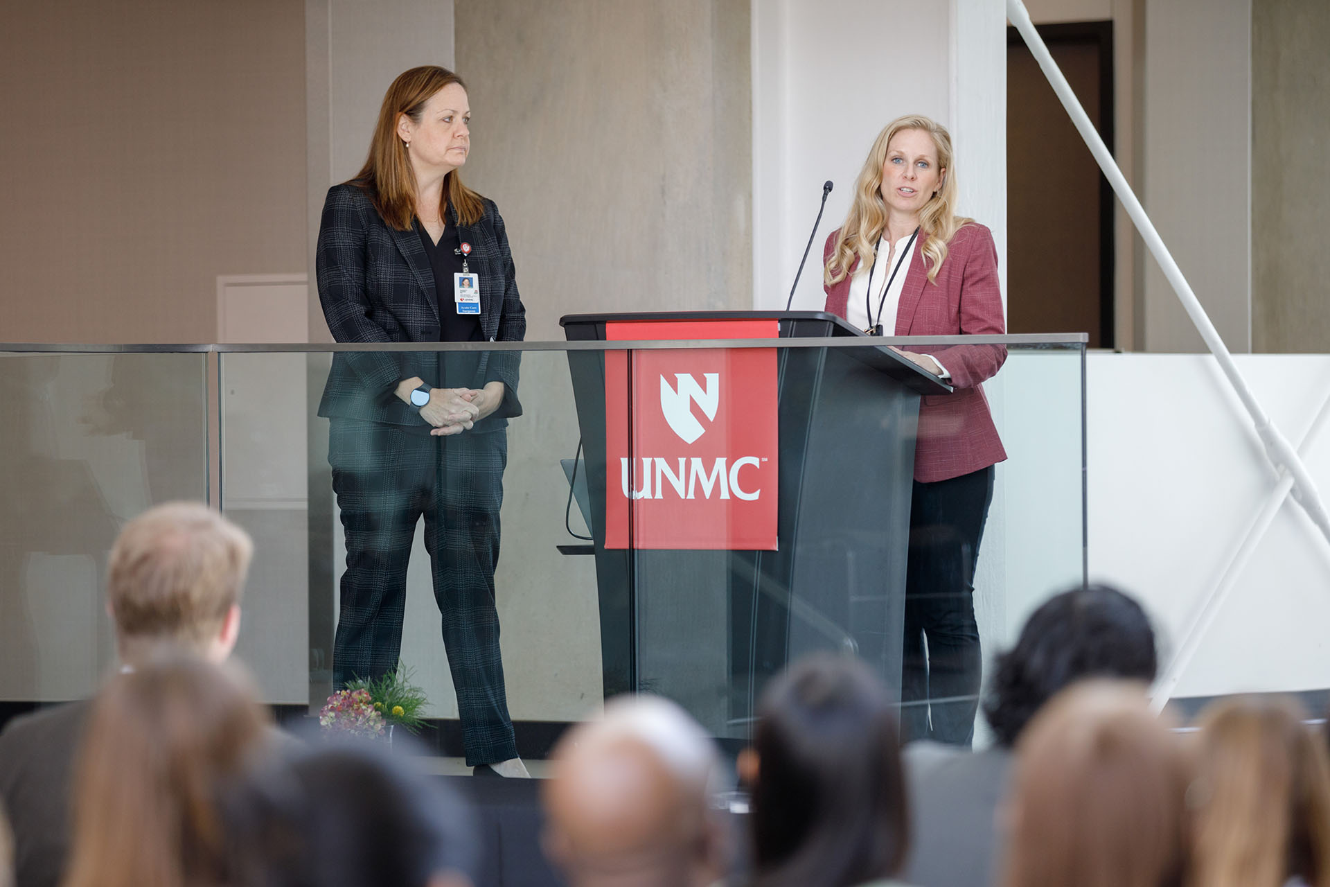 As keynote speakers&comma; Ashley Farrens&comma; trauma program manager at Nebraska Medicine&comma; and &lpar;at left&rpar; Charity Evans&comma; MD&comma; chief of the division of acute care surgery&comma; shared their work with the hospital-based violence prevention programs Dusk to Dawn and ENCOMPASS Omaha&period;
