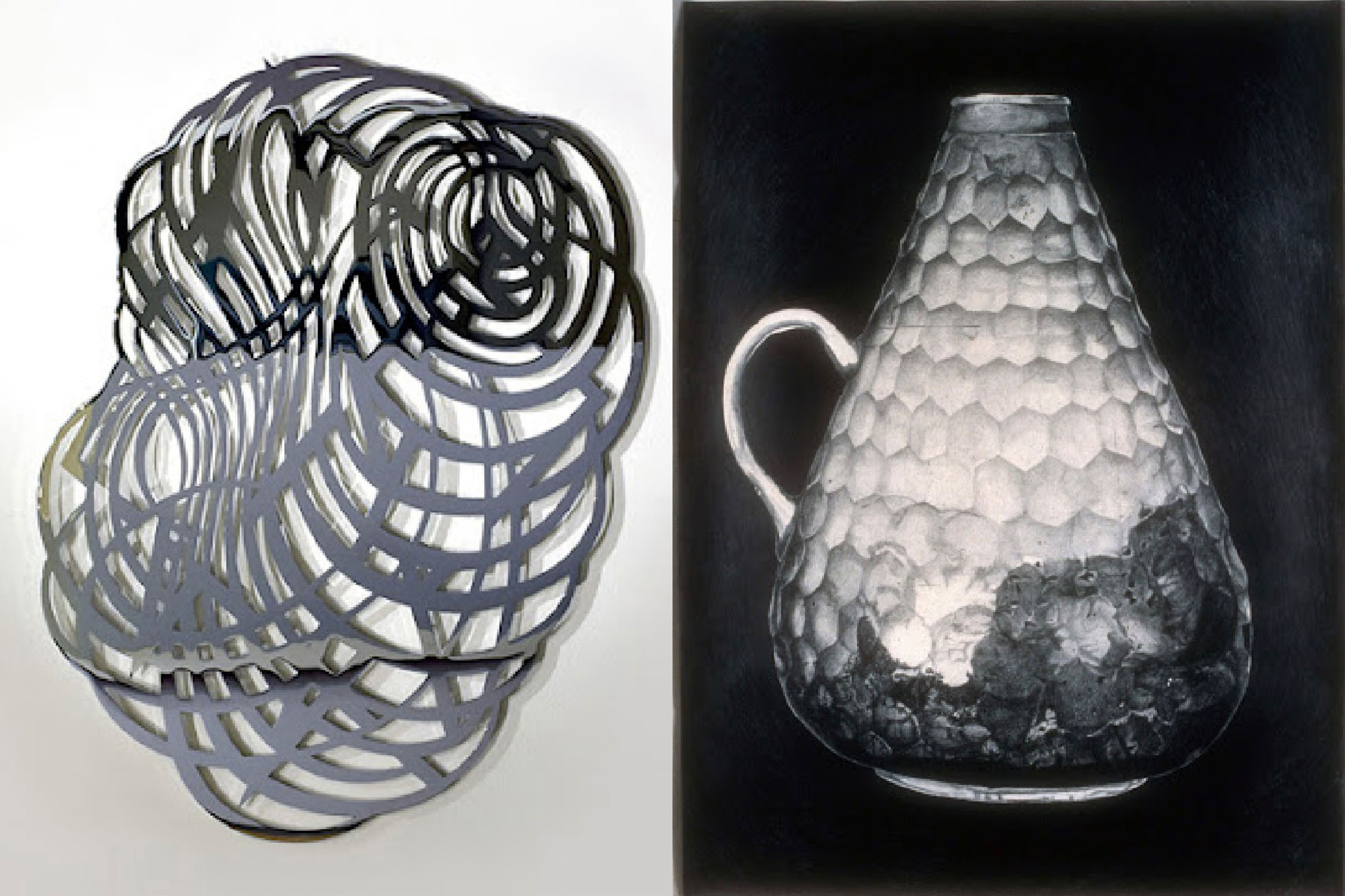 Two of the items on display in "Finding&colon; Works by Linda Fleming" are&comma; from left&comma; Heat Lightening &lpar;chromed steel from 2016&rpar; and Faceted Jug &lpar;graphite on rag paper from 1989&rpar;&period;