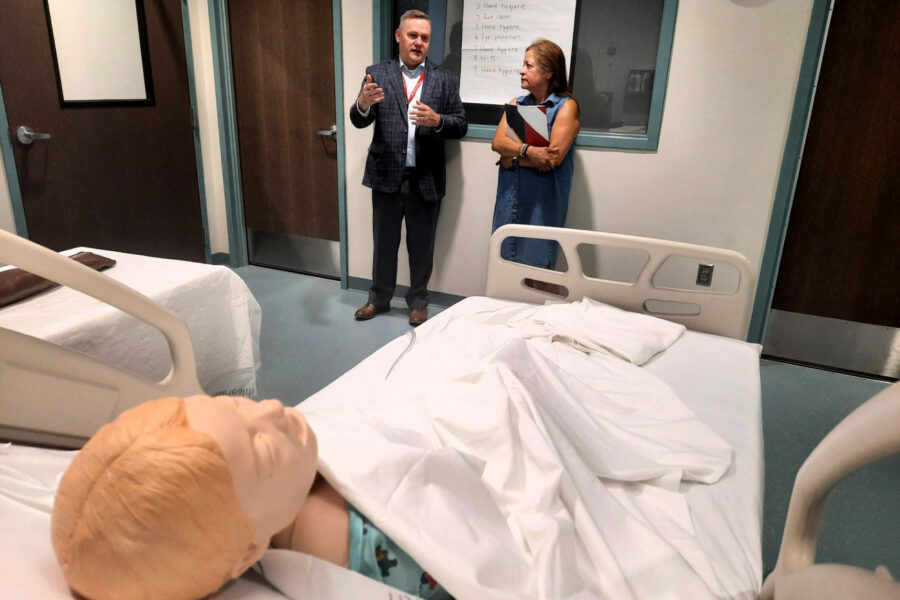 Legislative candidate Margo Juarez, right, visited with Dossy Felts, associate director of administration and operations, Global Center for Health Security, during a recent tour of UNMC.