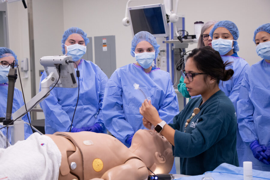 Dental hygiene students receive instruction on general anesthesia and intubation from Maireen Miravite&comma; MD&comma; an assistant professor at the UNMC College of Medicine&period;