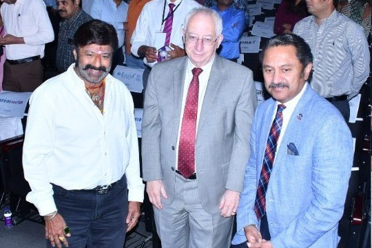 From left, Shri Nandamuri Balakrishna garu, chairman, Basavatarakam Indo-American Cancer Hospital and Research Institute, Bradley Britigan, MD, dean of the UNMC College of Medicine, and Chandra Are, MBBS, senior associate dean of graduate medical education, during the visit.