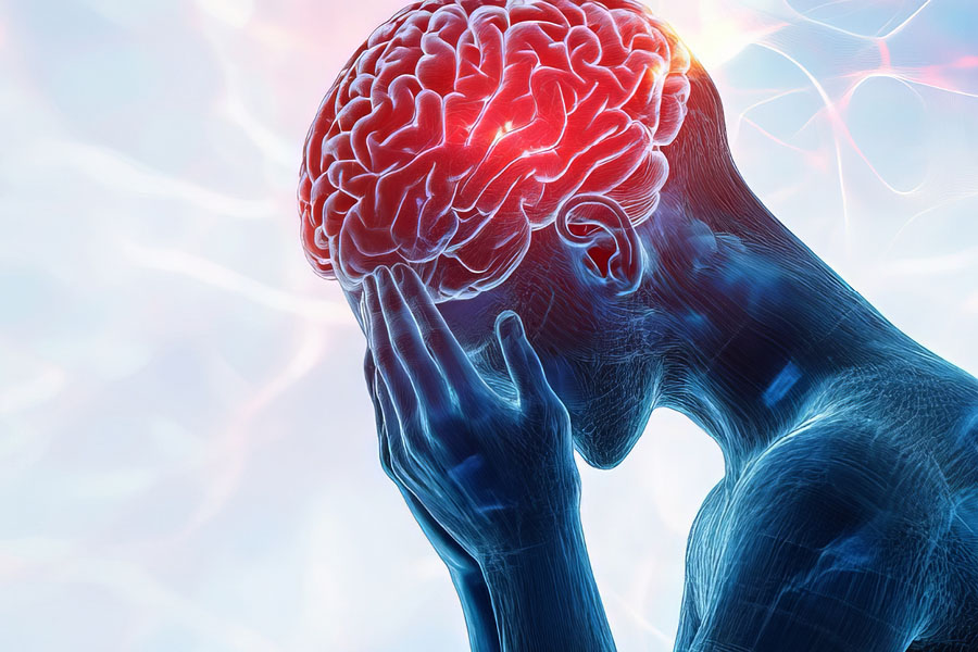 Graphic showing a person holding their head to represent PTSD
