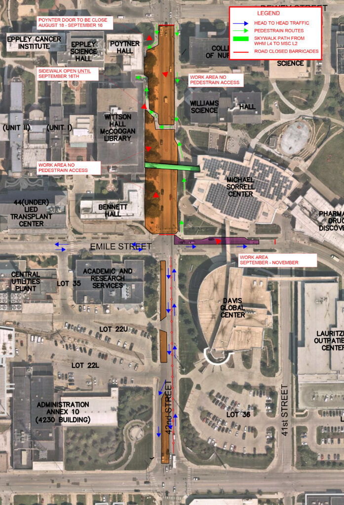 A map showing street closures and sidewalk access