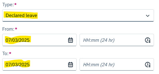 Image showing boxes to click to receive Declared Leave