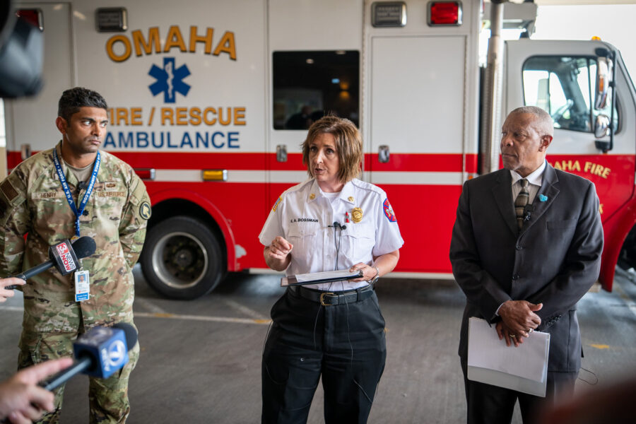 An innovative prehospital blood transfusion program was announced Monday at Nebraska Medical Center. Speaking at the press conference were, from right, Omaha Mayor John Ewing, Jr., Omaha Fire Chief Kathy Bossman and U.S. Air Force Lt. Col. Reynold Henry, MD, Nebraska Medicine trauma surgeon.