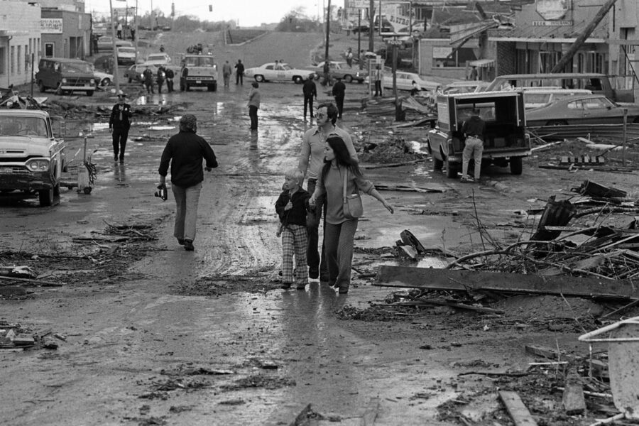 A scene of destruction in Omaha near 53rd Streets and West Center Road, The Durham Museum Photo Archive, The Omaha Sun Collection, 35mm-15302-003, 1975