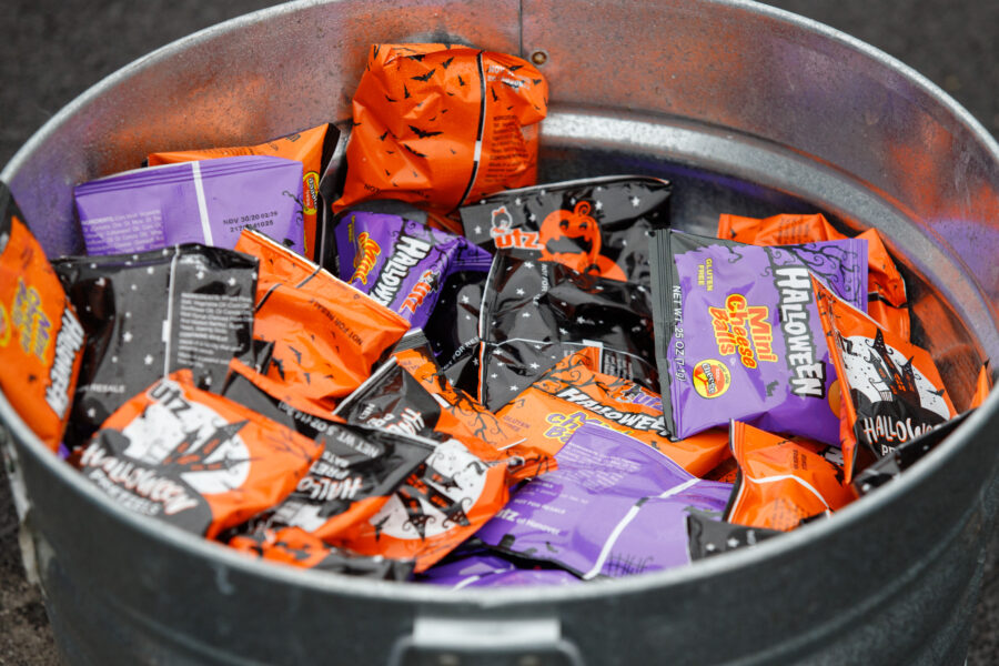 A bucket of candy and treats during a Munroe-Meyer Institute trick or treat event