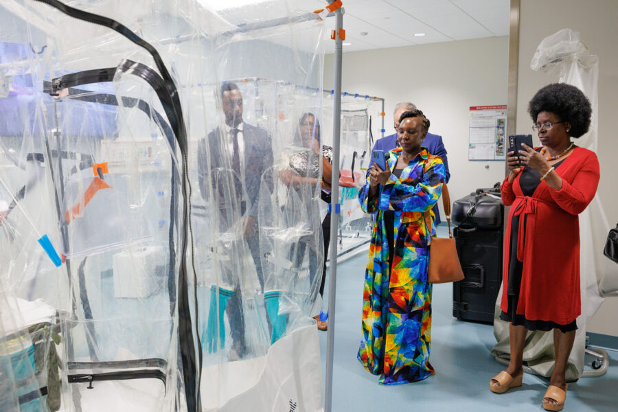 The visiting delegation from Uganda participated in a demonstration of UNMC&apos;s ISTARI portable patient care isolation technology&period;