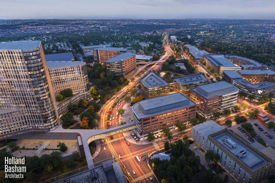 A conceptual rendering of the EDGE District at its full development&comma; as viewed from the north looking south along Saddle Creek Road&period;