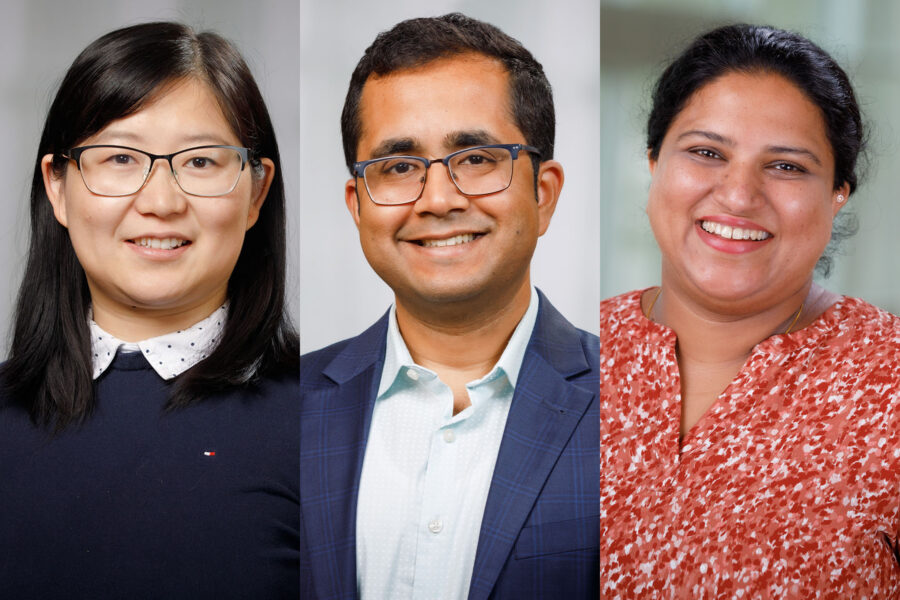 From left&comma; Jingjing Sun&comma; PhD&comma; Sandipan Brahma&comma; PhD&comma; and Grinu Mathew&comma; PhD