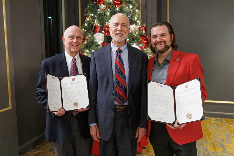 A dinner was held to celebrate the James O&period; Armitage&comma; MD&comma; Chair of Hematological Malignancies&period; From left are Dr&period; Armitage&comma; Mark Rupp&comma; MD&comma; and Matthew Lunning&comma; DO&period;