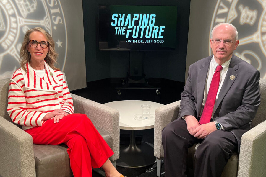 Anne Barnes&comma; the NU System’s senior vice president and chief financial officer&comma; and University of Nebraska System President Jeffrey P&period; Gold&comma; MD