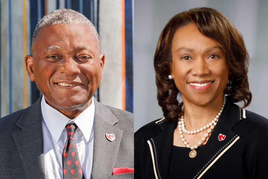 Interim Chancellor H&period; Dele Davies&comma; MD&comma; and UNMC College of Nursing Dean Lepaine Sharp-McHenry&comma; DNP&comma; who will chair the search committee