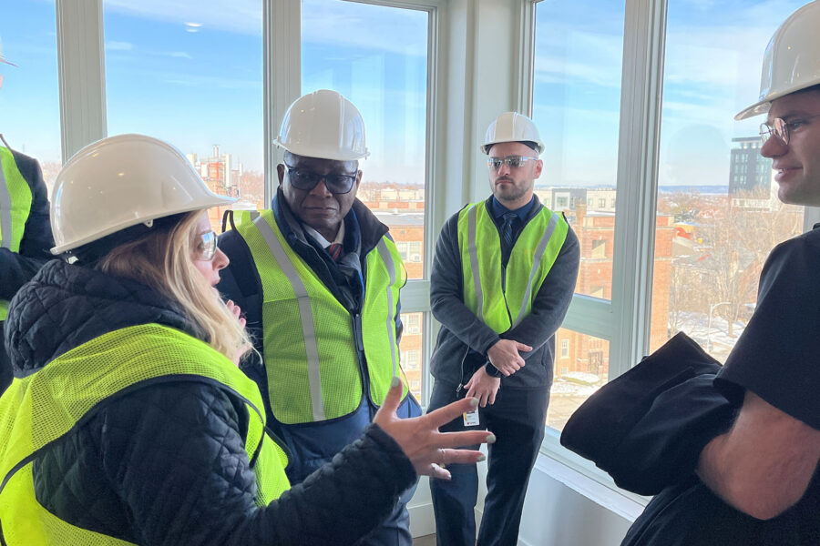 Participating in the residence hall tour are&comma; from left&comma; Jane Meza&comma; PhD&comma; interim vice chancellor for academic affairs&comma; UNMC Interim Chancellor H&period; Dele Davies&comma; MD&comma; Connor Aylor&comma; UNMC Student Senate vice president&comma; and UNMC Student President Brock Calamari&period;