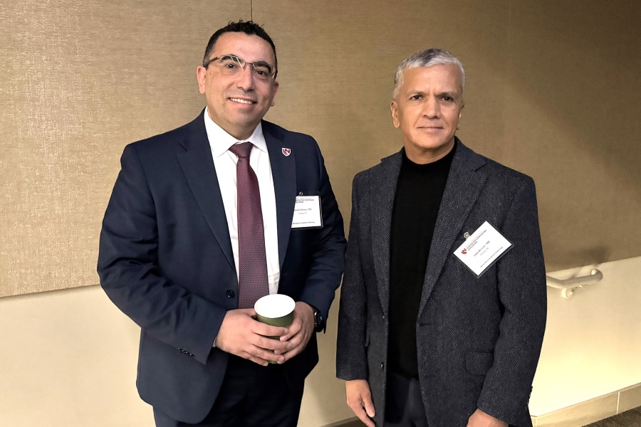 Joseph Khoury&comma; MD&comma; chair of the UNMC Department of Pathology&comma; Microbiology and Immunology&comma; and Subodh Lele&comma; MD&comma; conference director and associate vice chair&comma; faculty affairs and development in the department&comma; at last year's conference&period;