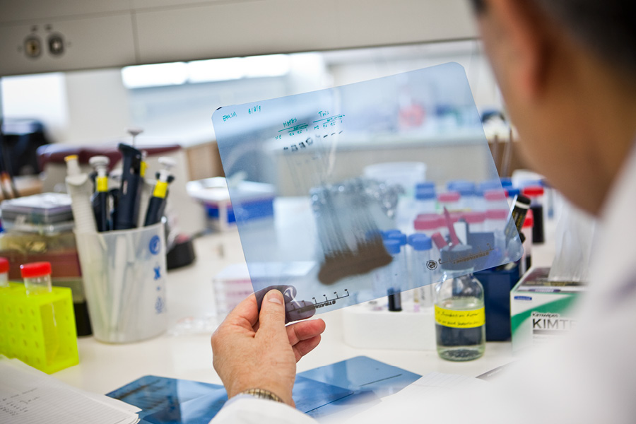 A researcher studying a tablet with data