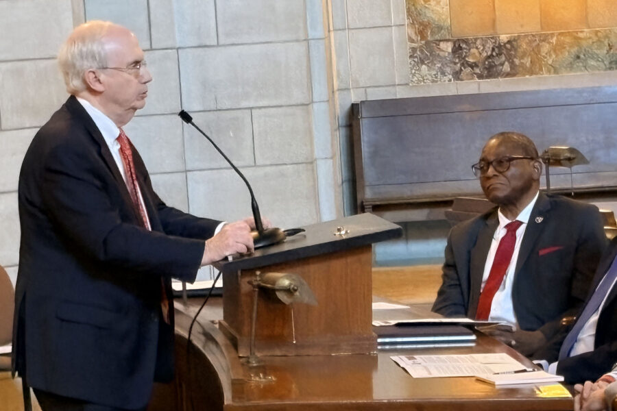 University President Jeffrey P&period; Gold&comma; MD&comma; addresses members of the Nebraska Legislature as UNMC Interim Chancellor H&period; Dele Davies&comma; MD&comma; looks on&period;