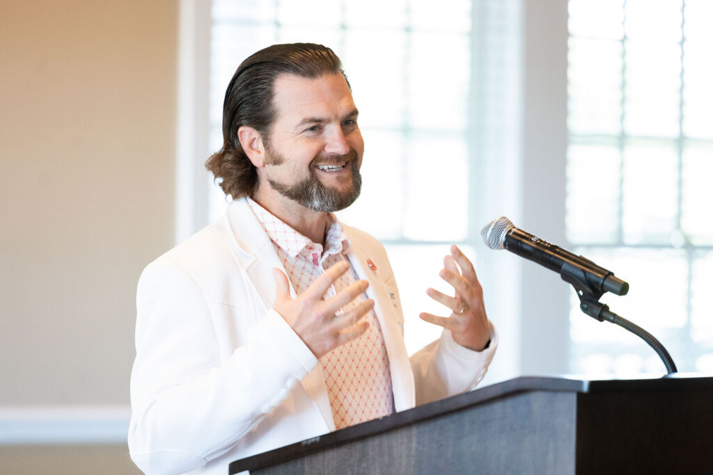 Matthew Lunning, DO, a hematologist/oncologist at UNMC, speaks during an event celebrating the gift from the Aidan O’Neil Foundation for the Prevention of Childhood Cancer.