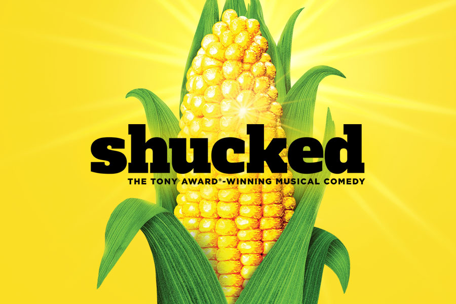 Image of a corn cob and the words Shucked The Tony Award Winning Musical Comedy