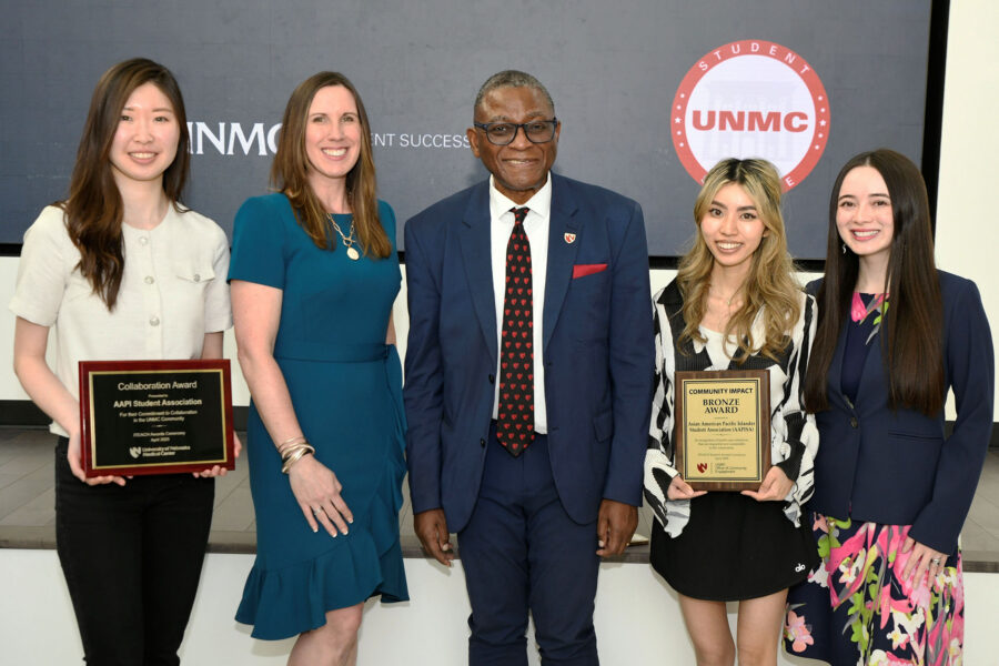 At the 2025 iTEACH Awards ceremony were&comma; from left&comma; Jenny Song&semi; Heidi Keeler&comma; PhD&comma; assistant vice chancellor with the UNMC Office of Community Engagement&semi;&nbsp;UNMC Interim Chancellor H&period; Dele Davies&comma; MD&semi; Kim Nguyen and Sarah Uhm&period;
