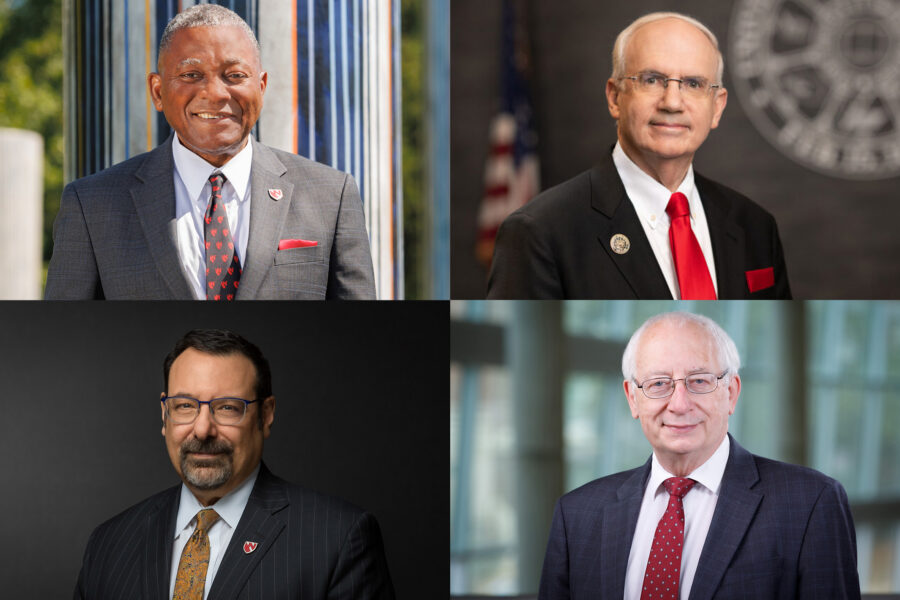 Clockwise from top left&comma; UNMC Interim Chancellor H&period; Dele Davies&comma; MD&semi; University of Nebraska President Jeffrey P&period; Gold&comma; MD&semi; UNMC College of Medicine Dean Bradley Britigan&comma; MD&semi; and Steven Lisco&comma; MD&comma; senior associate dean for clinical affairs&comma; UNMC College of Medicine