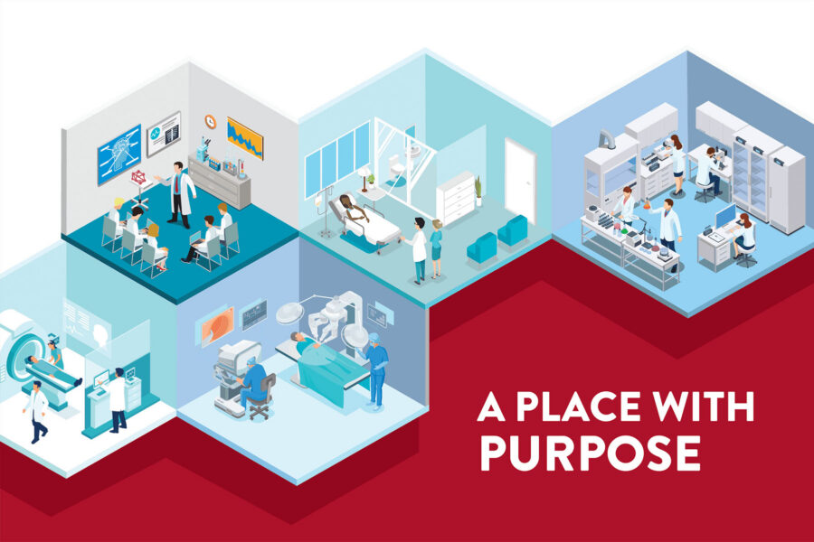 Animated images of a hospital room, classroom and lab.