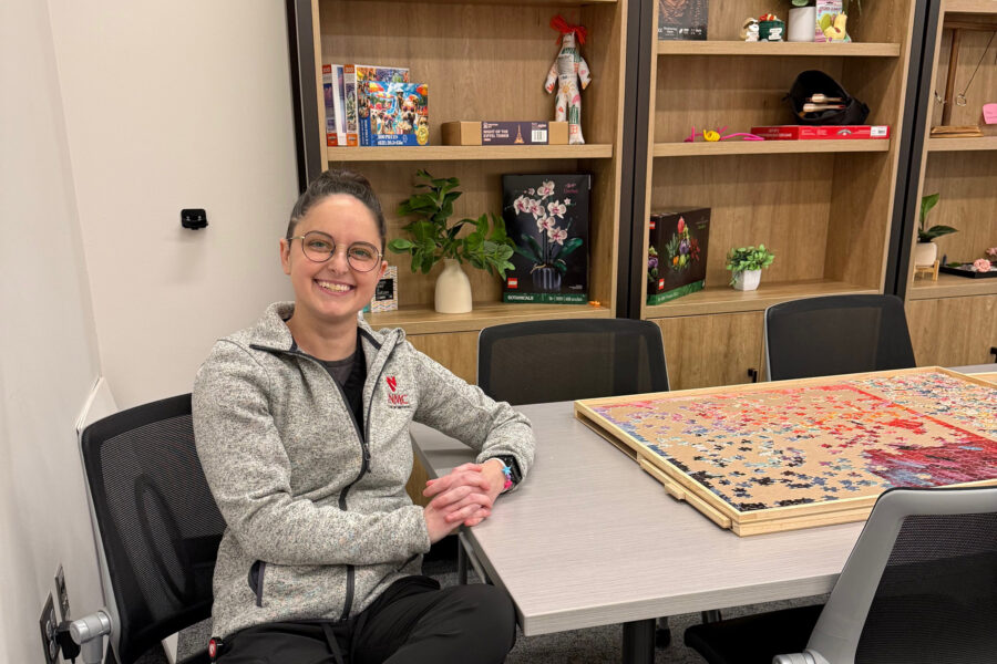 Kelsey Sasse&comma; DDS&comma; sits in the UNMC College of Dentistry's new wellness lounge&period;