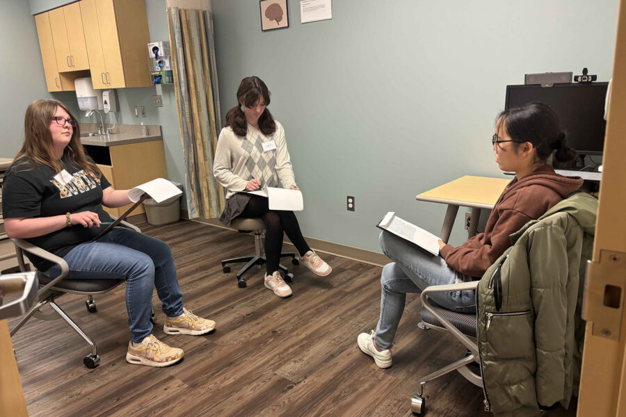 Student competitors work with standardized patients as part of the Anato-Bee competition held at UNMC in 2024&period;