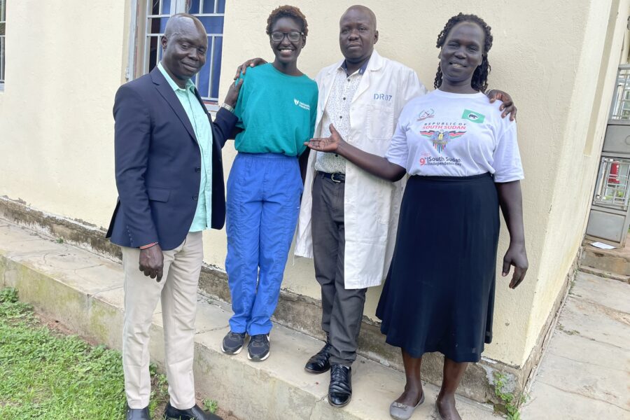 &lpar;Pictured from left to right&rpar;&colon; Rabok Chaplain Evans&comma; MD&comma; Kajokeji County Hospital Administrator&semi; Winnie Ladu&comma; UNMC College of Medicine student&semi; Sekwat Saviour Clever&comma; MD&comma; Kajokeji County Medical Director&semi; and Regina Gire Loding&comma; Kajokeji County Hospital Matron&period; Ladu spent time with those pictured to understand how the hospital operated&period;