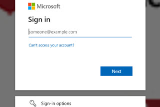Screenshot of Microsoft sign-in prompt requesting user email with placeholder text someone@example.com. Includes clickable "Can't access your account?" link, "Next" button in blue, and "Sign-in options" below for alternative login methods.
