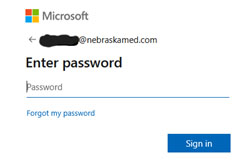 Screenshot of Microsoft login prompt requesting password entry for a nebraskamed.com email account. Features include a password input field, "Forgot my password" link, and blue "Sign in" button.