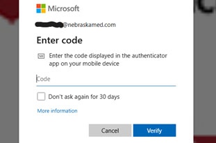 Screenshot of Microsoft two-factor authentication prompt requesting code from authenticator app for user with nebraskamed.com email. Contains input field for code, checkbox option to skip prompt for 30 days, and buttons labeled Cancel and Verify.